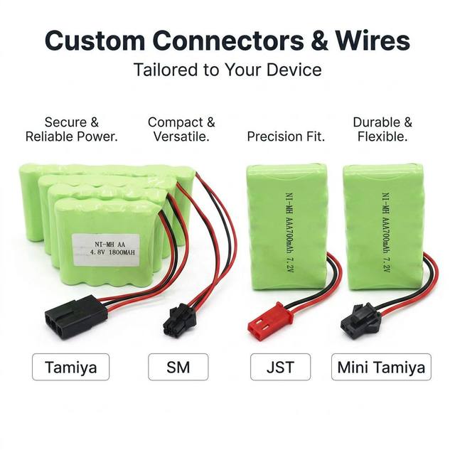 Custom 7.2V Ni-MH Battery Pack AA AAA SC C D F F6 Rechargeable 400mAh to 2200mAh NiMH Battery for RC Toys and Medical Equipment