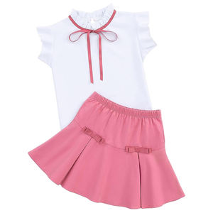 Ensembles de jupes pour filles, 2 pièces, tenue pour enfants, printemps été, ensemble de vêtements pour enfants, hauts à col Peter Pan, jupes <span class=keywords><strong>mini</strong></span> à volants avec nœud - Product Image 3