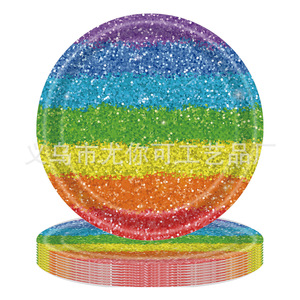Ensemble de vaisselle jetable colorée à paillettes pour fête d'anniversaire, assiettes rondes en papier, gobelets, serviettes avec motif arc-en-ciel - Product Image 3