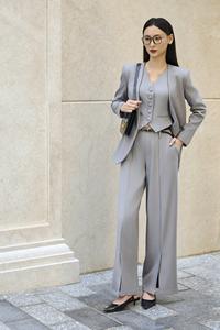 Pantalones Elegantes de Pierna Ancha con Abertura Frontal, de Sarga Antiarrugas, Estilo Vietnamita Regular (Mezcla de Poliéster (Poliéster + Elastano)) KQ20 - Product Image 5