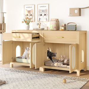 Mueble oculto de madera para caja de arena de gatos con puertas rascadoras y cajón de almacenamiento para uso en el baño de los gatos. - Product Image 2