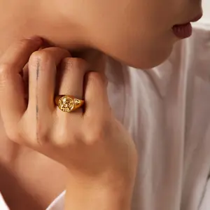 Model baru cincin terbuka lapisan emas 18K geometris baja tahan karat berlapis emas dua mutiara putih untuk anak perempuan