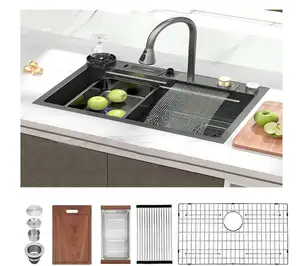 حوض مطبخ ذكي من Tiktok رائج جديد 2024 مع شلال مطبخ رقمي بمفاتيح بيانو من الفولاذ المقاوم للصدأ 304 أحواض مطبخ متعددة الوظائف
