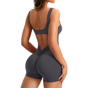 Body de sport sans couture pour femme, dos nu, en Spandex/Nylon, couleur unie, avec short taille haute et design froncé aux fesses, extensible dans les quatre sens - Product Image 1