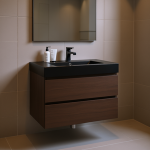 Mueble de Baño Moderno de 30 Pulgadas, Color Nogal Negro, Diseño Flotante de Pared, Gran Espacio de Almacenamiento, Lavabo de Cerámica, Preensamblado - Product Image 2