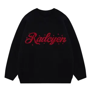 Customized Chenille Embroidery Crew Neck Knitwear Red Green Black Color Men Winter Wool Thick Knit Pullover Christmas Sweater