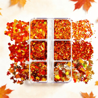 6 Grilles de Paillettes pour Ongles Feuilles d'Érable Automnales, Ambre Orange Doré, Rondes, Tailles Mixtes, Décorations d'Art Ongulaire Automnales pour Ongles à Coller