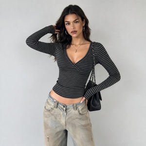Women's <b>Y2K</b> Spring V Neck Striped Color Block Cropped <b>Long</b> <b>Sleeve</b> Knitted T-Shirt Slim Fit Casual Streetwear <b>Top</b> - Product Image 1