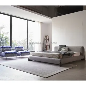 Cama de luxo leve contemporânea de luxo, cama cinza de veludo com perna de madeira sólida, cama adulta, móveis, quarto