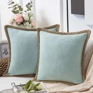 Fundas de almohada de arpillera, cubiertas de cojín decorativas con bordes recortados a medida para cama, decoración del hogar, color azul claro 18x18