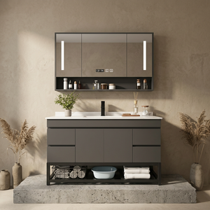 Meuble-lavabo <span class=keywords><strong>de</strong></span> <span class=keywords><strong>salle</strong></span> <span class=keywords><strong>de</strong></span> <span class=keywords><strong>bain</strong></span> gris sur pied en PVC, personnalisé en usine, avec plusieurs tiroirs, durable et résistant à l'humidité, avec vasque en céramique - Product Image 1