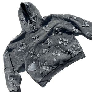 YSJY制造商定制超大酸石水洗重量级法国毛圈苦恼补丁男士复古连帽衫 - Product Image 1