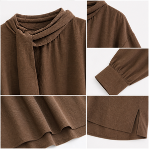Chemise à manches longues marron à col roulé avec manches lanternes pour filles, style décontracté, couleur unie, tissu viscose, style automne - Product Image 5