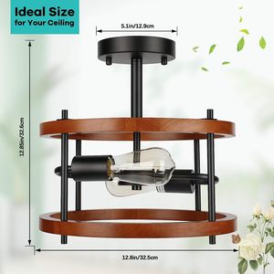 Retro Semi Flush Mount <strong>Ceiling</strong> Light Fixture, <strong>Rustic</strong> Vintage Wood <strong>Ceiling</strong> Light Black Metal, Industrial Farmhouse <strong>Ceiling</strong> <strong>Lamp</strong> - Product Image 4