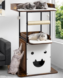 Wood Modern <b>Cat</b> <b>Tree</b> Tower Tall Wooden <b>Cat</b> <b>Trees</b> with Big Perch Bed, Multi-Level Condo with Scratching Board Posts - Product Image 1