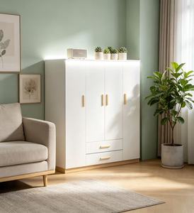 Armoire blanche minimaliste avec 2 tiroirs, portes à charnières, poignées en bois, meubles de chambre à coucher modernes, armoire de rangement autoportante - Product Image 6