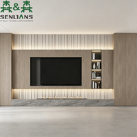 Meuble TV mural intégré SLS moderne et minimaliste, panneau en bois rainuré, console multimédia rétroéclairée par LED, armoire de salon sur mesure