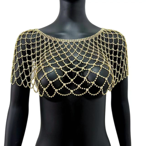 Capa de hombro de moda con diseño de red de pesca, de plata y oro, con cristales, flecos y cadena corporal colgante, calada, tipo bolero de boda <span class=keywords><strong>para</strong></span> vestido de noche - Product Image 5