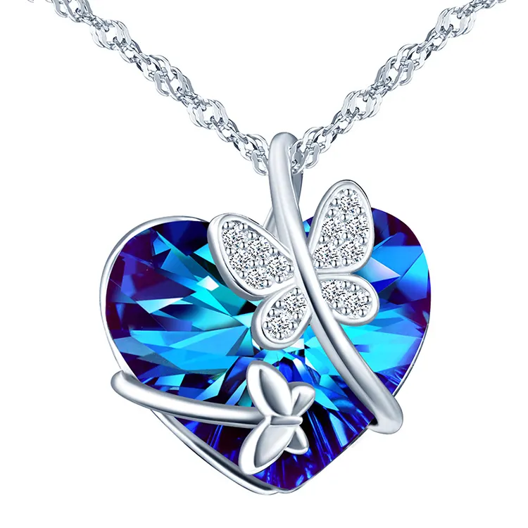 New Design Dainty S925 Sterling Silver Crystal Butterfly Pendant Necklace for Lady