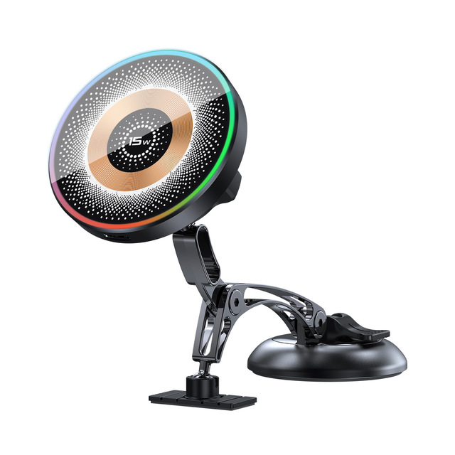 New Arrival Universal Magnetic Car Mount Adjustable Vacuum Suction 15W Wireless Charger Phone Holder Stand for Car With Light
