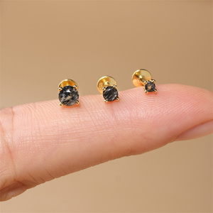 Boucles d'oreilles à vis dorées 1,2x6mm avec quartz rutilé noir en argent S925 à dos plat, 2mm/3mm/4mm - Product Image 3