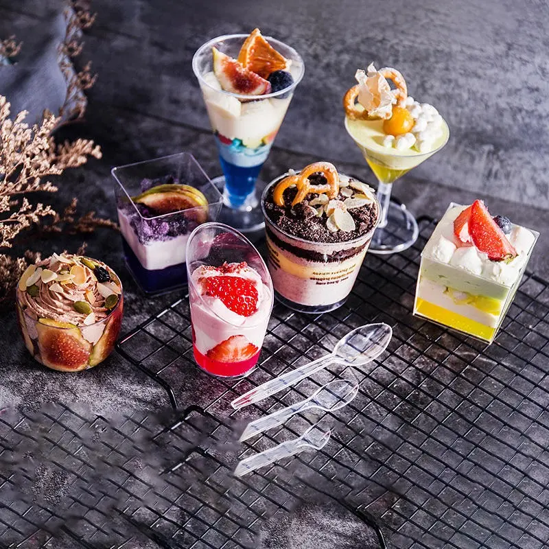 Disposable Small Clear 250ml Round Dessert Plastic PS Cup with Lids Ice Cream 5oz Square Dessert Cups