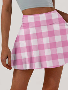 กระโปรงเทนนิสทรงเอเอ-ไลน์สีชมพูลายตารางหมากรุกเอวธรรมชาติสำหรับฤดูร้อน พร้อมกางเกงซับในในตัว ผลิตจากใยนม ยืดหยุ่นสูง - Product Image 1