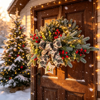 Dekorasi Natal Dalam Ruangan Ramah Lingkungan, Garland Pinus Buatan Berlapis Es Bentuk Tetesan Air, Hiasan Berry Hijau, Pita Goni, Bintang, Ornamen Liburan