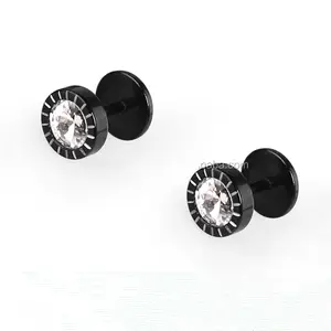 Black Punk Crystal Cubic Zircon Round Earring Stud Screw Back Dumbbell Barbell Earrings Fake plugs Jewelry for Men Women