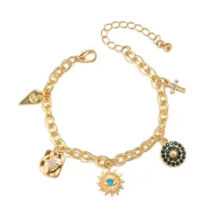 Joyería elegante, pulsera cruzada chapada en oro, pulsera de acero inoxidable con abalorio de ojo malvado de la suerte de girasol para mujer