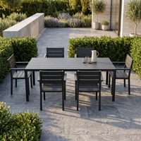 Table de salle à manger d'extérieur en HDPE avec lattes en imitation bois, cadre en acier robuste, résistante aux intempéries