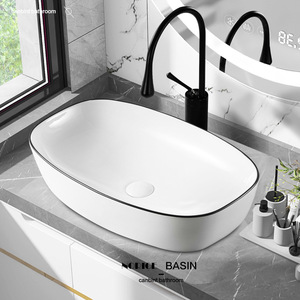 Oval Countertop Basin Ceramic <b>Small</b> Size <b>Sink</b> With Black Rim Easy Cleaning For Bathroom - Product Image 1