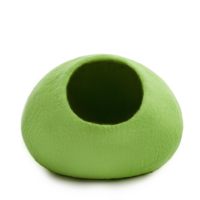 Niche pour chat en feutre de laine vert frais, faite à la main, en forme d'œuf, naturelle, avec doublure intérieure noire foncée.