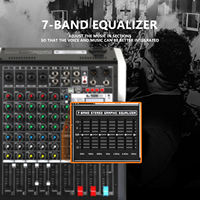 Console de mixage audio professionnelle 8 canaux pour DJ avec 24 DSP, 7 égaliseurs, AUX, BT, fonction carte son MP3 pour PC ou téléphone en direct