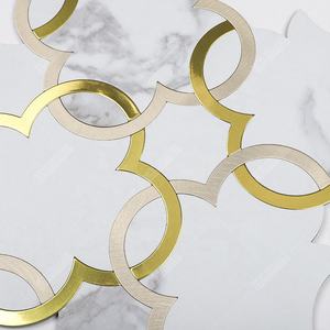Waterjet Marble <strong>White</strong> Gold PVC Vinyl Peel and <strong>Stick</strong> Mosaic <strong>Stick</strong> <strong>on</strong> Self Adhesive <strong>Tile</strong> for Wall Backsplash Kitchen Bathroom DIY - Product Image 2