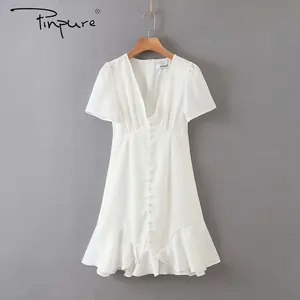 R50486S 2020 el último diseño de cuello v profunda damas blanco suelto vestido falda