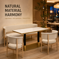 Banc scandinave avec revêtement en bouclette et fauteuils pour restaurant, ensemble de sièges à structure en bois avec table en pierre pour café