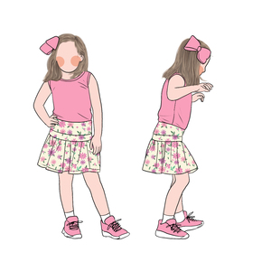 Nuovo Set Estivo 2026 per Bambine: Top Senza Maniche Tinta Unita e Minigonna con Stampa Floreale, <span class=keywords><strong>Abbigliamento</strong></span> per Bambini, MOQ Basso, Etichetta Privata - Product Image 1