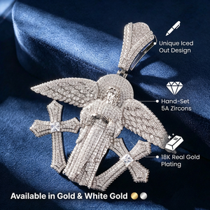 Collana Trendy Hip Hop con Grande Ciondolo a Croce d'Angelo <span class=keywords><strong>in</strong></span> Ottone Placcato <span class=keywords><strong>Argento</strong></span> con Ali e Zirconi 5A Iced Out, con Catena Tennis - Product Image 4