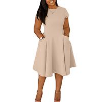 Nouvelle Robe Décontractée Femme Été 2026 à Col Ras du Cou, Manches Courtes, Coupe Trapèze, Longueur Mi-Mollet, Taille Naturelle, Grande Taille, Coupe Ajustée, avec Poches et Logo Avant