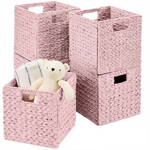 Factory Direct High-quality Square Rustic Water Hyacinth Grass Handmade Woven Eco-Friendly <b>Foldable</b> Storage <b>Basket</b> - Product Image 3