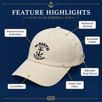 Gorra de Béisbol Personalizada con Bordado de Club Náutico, Logotipo de Ancla, Letras, 6 Paneles, Sarga de Algodón, Visera Curva, MOQ Bajo 20PCS, OEM Náutico para Yates
