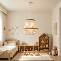 Lustre à perles de bois blanc, suspension double anneau, finition bois naturel, lampe longue moderne à suspension moyenne pour salon
