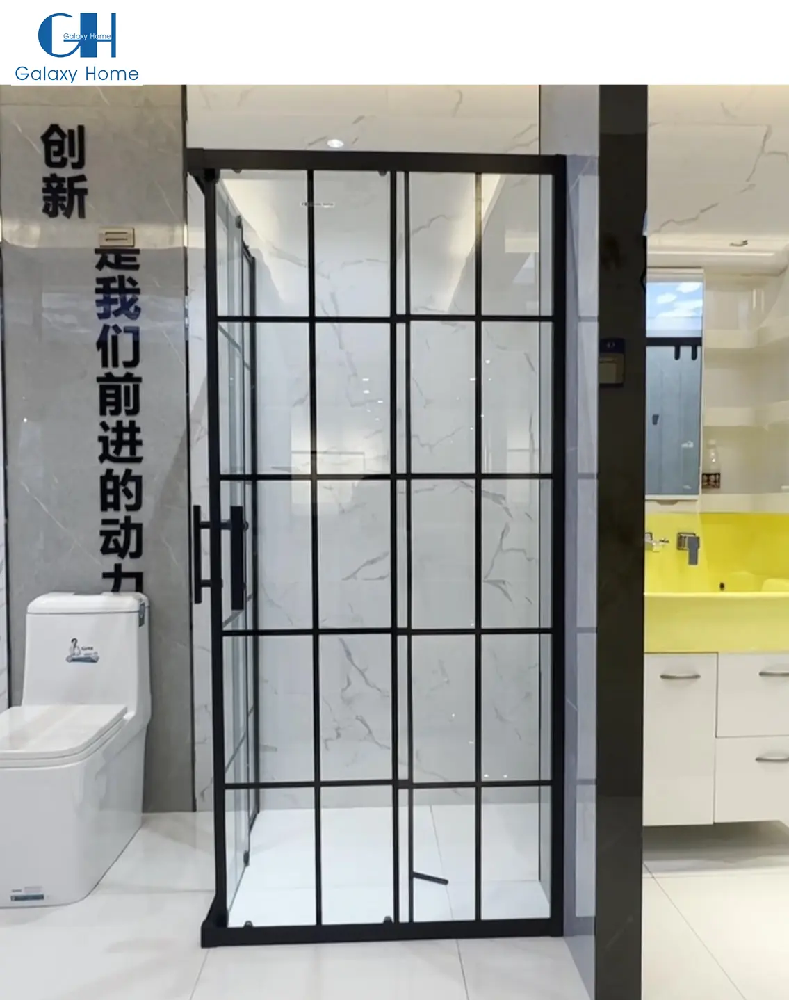 Franse Stijl Roestvrij Staal Twee Schuifdeur Zwart Glas Toiletbad Doucheruimte Met Frame