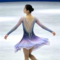 Costume de patinage artistique bleu dégradé lavande, robe à manches longues avec dos en maille et strass pour filles et adultes, performance sur glace