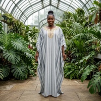 Robe Kaftan Rayée Colorée pour Femme, Col en V, Manches Courtes, Coupe Ample, Maxi, Style Africain Bohème, Tenue Décontractée pour les Fêtes, Ramadan, Modeste