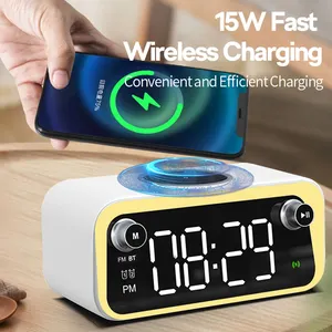 NEW Hot Selling 5 In 1 Alarm Clock 15W Wireless Charger With Night Light FM Radio Wireless Speaker
