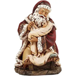 顶级优雅跪着崇拜圣诞老人抱着婴儿基督7英寸圣诞雕像人物家居装饰