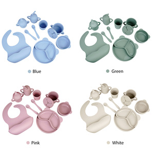 Ensemble de vaisselle en silicone pour enfants, 8 pièces, bleu clair, bavoir, bol, assiette, cuillère, tasse pour bébés de 0 à 12 mois - Product Image 4