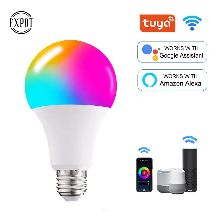 Fxpot Smart Led Light Alexa Google Home 220v Color Changing Tuya Control Rgb Dimmable 10w E27 Led WIFI Smart Bulb